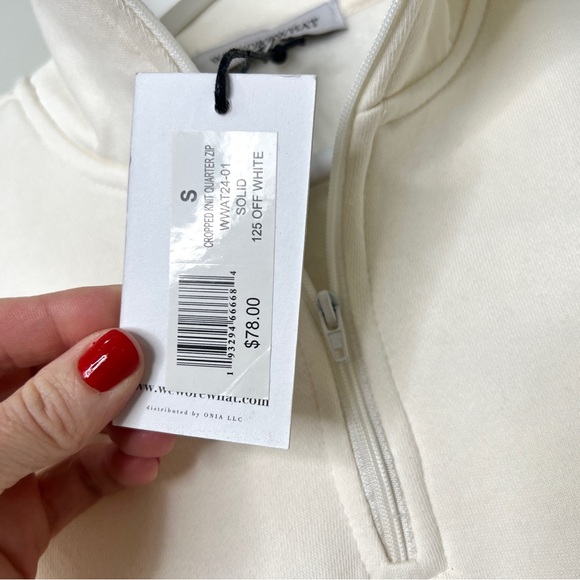 New WEWOREWHAT Women’s Oversized Cropped Cotton Blend 1/4 Zip Sweatshirt Cream S - Picture 11 of 13